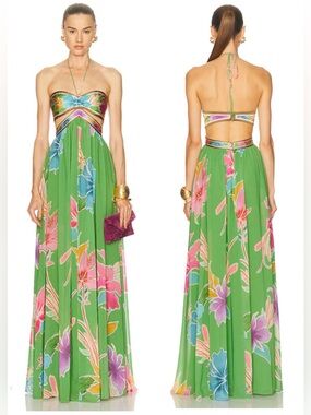 RETROFETE Rabel Hibiscus Kiwi Floral Maxi Cut Out Dress SZ S NWT